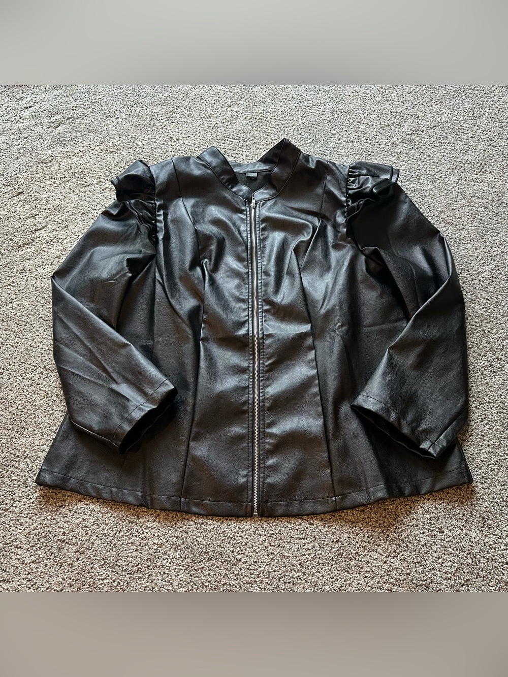 SHEIN XL 0X Black Faux Vegan Leather Zip Jacket Ruffles On Shoulders - Picture 10 of 14